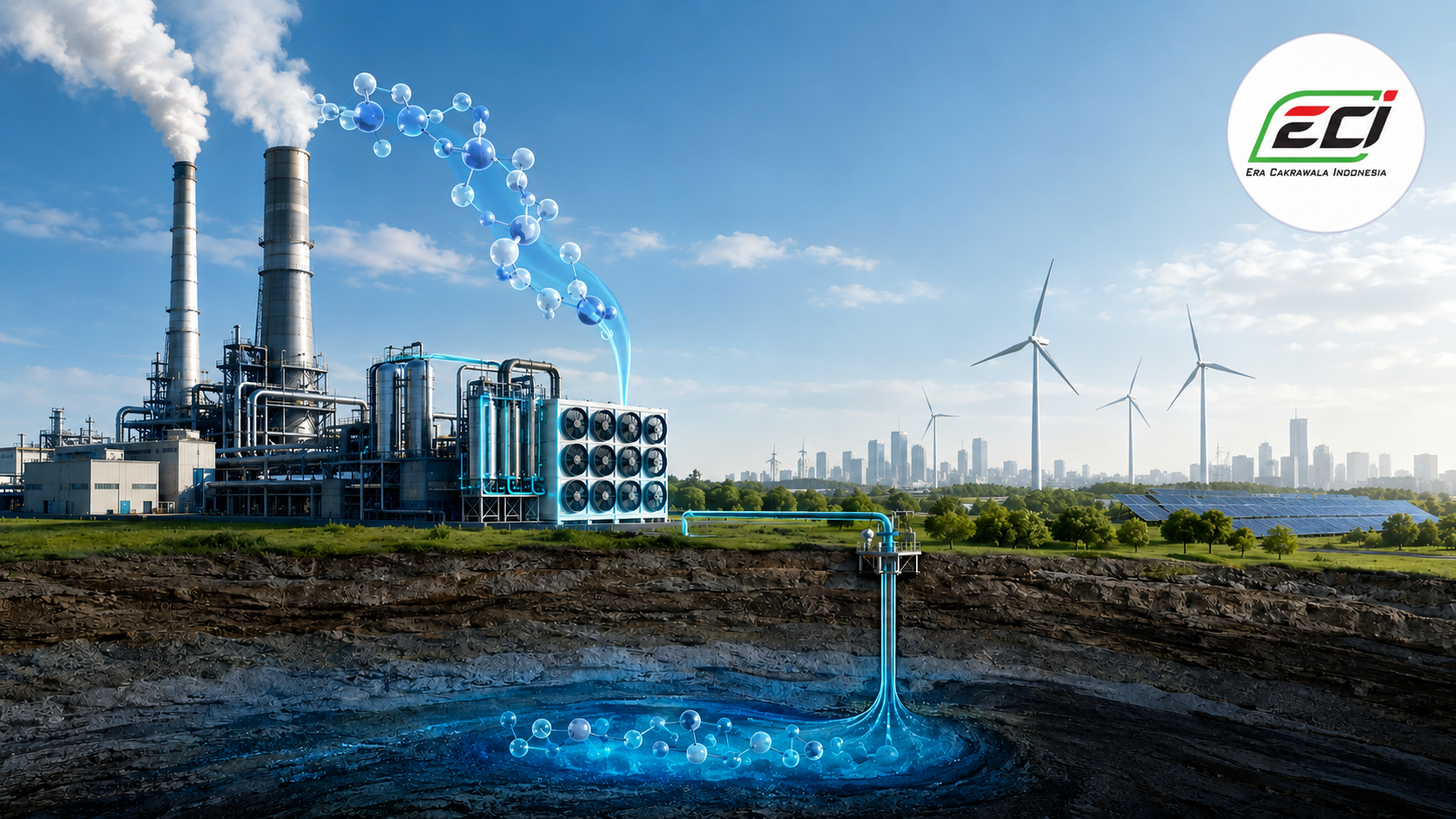 illustration about Carbon Capture Utilization and Storage (CCUS), showing a modern industrial facility capturing CO₂ emissions from smokestacks